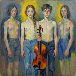 girlboy standing with violin down painted by vincent lefevre and hernan bas and pat steir and hilma af klint, psychological, photorealistic, symmetrical face, dripping paint, washy brush, rendered in octane, altermodern, masterpiece