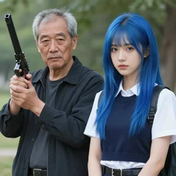 picture of a two persons : : first person is a old male holding a gun : : second person is a young female lady with blue hair - g