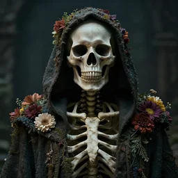 cinematic shot epic portrait skeleton wearing a dark robe covered in flowers, hyper realistic, mood lighting, fantasy, detailed face, highly detailed, super realistic, perfect lighting