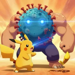 a giant virus with laser eyes fighting against an ultra strong bodybuilder neanderthal picachu