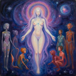 a beautiful painting of a feminine cosmic dmt entity of the upper planes by mynameistran and artgerm and wlop and loish and alex grey and wlop and wes anderson and spike jonze, trending on artstation, full body, loving and forgiving, infinity