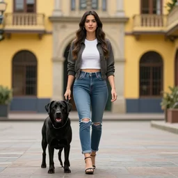 a close up, full body and perfect face of beautiful Estefania Villegas Burgos walking next to her labrador black dog in Bogota, symmetrical, 8K, octane render, 8K,
