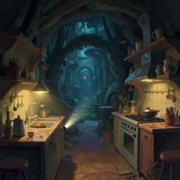 naive nerikomi, weird perspective, extra narrow, detailed illustration of a kitchen dim lit by flashlight in a scenic spiral environment by anton fadeev from lorax movie, trending artstation, true color