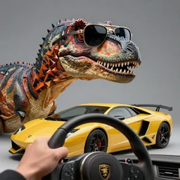 profile photography of a velociraptor wearing sunglasses on face with hand holding the steering wheel of a lamborghini murcielago, beautiful masterpiece