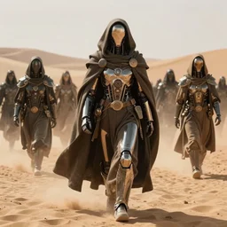 a cyborg dressed in a large cloak walking through a dangerous desert, guardians, close up, in the center, very centered, epic, intrincate by moebius, jean giraud & kilian eng moebius style