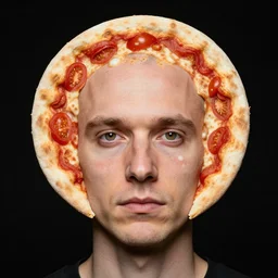 portrait of man with a rare deformational condition making the head flat and circular like a pizza, head looks exactly like a pizza, doughy skin with white pores, blemishes look like tomatoes, soft lighting, sharp focus, highly symmetrical, black background, masterpiece by morten krogvold