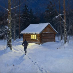 snowy very dark night scene depicting a single wooden cabin surrounded by the woods with one bright window. a man running away from it leaving footprints in snow. oil painting.