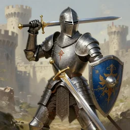 an ultra detailed ornate digital painting of a knight in engraved and inlayed plate armor carrying a sword and shield in a battle pose with a castle in the background