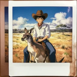 a polaroid film still portrait of a cowboy mounted on kangaroo, finely detailed features, perfect art, in australia desert, water, sun, gapmoe yandere, trending on pixiv fanbox, painted by greg rutkowski makoto shinkai takashi takeuchi studio ghibli, akihiko yoshida