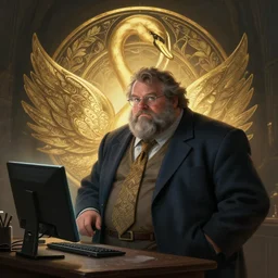 a heavy set university professor teaches computer science, character concept art, fantasy, illustration, artstation, cinematic lighting, hyperdetailed, cgsociety, 8k Resolution, high resolution, Charlie Bowater, Tom Bagshaw, Tom Richmond, insanely detailed and intricate, beautiful, elegant, golden ratio, royal swan insignia in background
