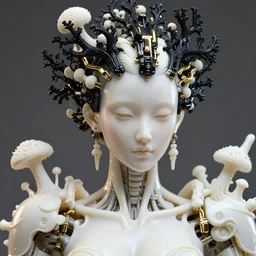 hyper detailed ultra sharp portrait of a beautiful porcelain ivory cyborg warrior, well contoured smooth fair skin, up close shot, sharp focus, global illumination, radiant light, biomechanical black intricate corals headdress, cyberpunk gold brackets, mushrooms, puffballs, rhizomorphs, alexandre ferra white mecha, irakli nadar, octane highly render, 4 k, ultra hd,