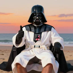 photorealistic!!! portrait shot of darth vader relaxing on beach wearing bathrobe during sunset giving thumbsup, intricate, elegant, highly detailed, centered, digital painting, artstation, concept art, smooth, sharp focus, illustration, artgerm, tomasz alen kopera, peter mohrbacher, donato giancola, joseph christian leyendecker, wlop, boris vallejo
