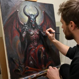 a photo of a artist drawing an paint of an artist drawing a satanic ritual on canvas with oil paint, ultra realistic, highly - detailed