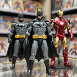action figure of batman and ironman in a comic book store