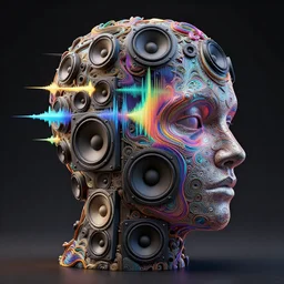 a highly detailed vfx landscape of recursive speakers forming a 3 d head. 🔊 head. colorful amplitude and frequency wave visualisation. iridescent metamorphic synaesthesia. ornate, hyperrealistic, octane render, chiaroscuro, inspired by greg rutkowski, android jones, beeple, shaun tan, frostbite 3 rendered