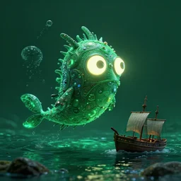 detailed effervescent ocean, an ornate funny sea monster creature with large glowing eyes, floats next to a small shipwreck, by maurice sendak, shaun tan made in hyperrealistic 3 d, octane render, dark green colours, sharp focus, 8 k, nighttime