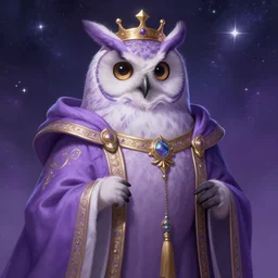 anthropomorphic art of an owl king, in a lilac royal robe, stars and galaxies, by artgerm, victo ngai, ryohei hase, artstation, highly detailed digital painting, smooth, global illumination, fantasy art by greg rutkowsky, karl spitzweg, leyendecker