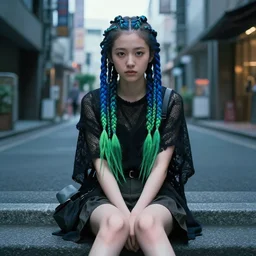 concept art, pretty girl sitting on street, braids blue and green, singular, junichi higashi, isamu imakake, intricate, balance, ultra detailed, full far frontal portrait, volumetric lighting, cinematic lighting + masterpiece,