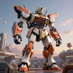 a beautiful hyperrealistic ultradetailed 3 d render of a gigantic mecha guarding a sci - fi spaceport, by dean ellis : 3, mech, unreal engine, octane render, gigantic, unreal engine, octane render, 3 d, brilliantly coloured, intricate, ultra wide angle, trending on artstation, dusk, volumetric lighting, hdr, polished, micro details, ray tracing, 8 k : 2, people, sphere, balloon, blurry, blur, depth of field, dof, bokeh, obscured, macro : - 1