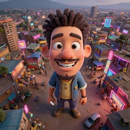 3 d vfx - caricature - art of a bustling - neon lit - ajegunle slum in nigeria, unreal engine render, digital illustration, illustration style by mike winkelmann, sharp, intricate detail, volumetric light, ray tracing, soft light, colourful, hyper - realistic, claymation, fish eye lens, drone perspective, acrylic, cinestill 8 0 0 t,
