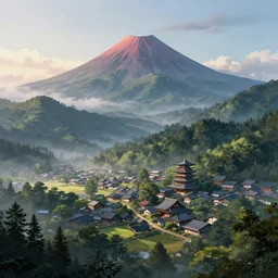 a powerful japanese village high in mountains, calm morning, fanart artstation global illumination rtx hdr fanart arstation 3 d, volcano, concept art by greg rutkowski and laurie greasley, forest, fantastic landscape, 8 k, cinematic color grading