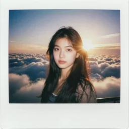 a polaroid portrait of a beautiful young woman, detailed clouds, lit from behind, sunshine, golden hour, heavy film grain, color bleed