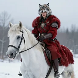 a woman wearing wolf head pauldrons and a red wolf's fur warrior outfit astride a white horse, winter scene, hyper realistic, in the style of greg rutkowski, fantasy, amazing detail,