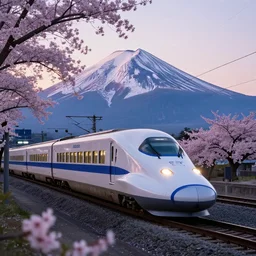 iconography of the Tokaido bullet train passing mr. Fuji in springtime, twilight, photography in the style of Andreas Gursky —w 400 —h 600