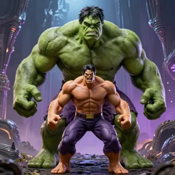 the hulk battles the abomination, redesigned by yasushi nirasawa moebius and alex ross, full figure action shot, alien world background, hdr, 8 k, octane render, volumetric lighting
