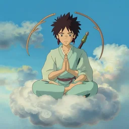warrior of quetzalcoatl meditating in the clouds, in the style of studio ghibli r