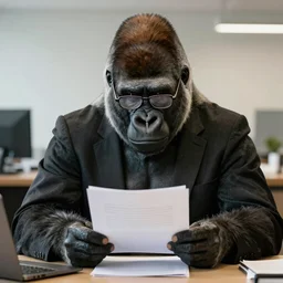 photo of a real gorilla in a suit and glasses, reading a document at a desk in an office. Highly detailed 8k. Intricate. Sony a7r iv 55mm. Award winning.