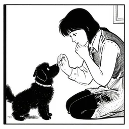 a still frame from comic strip, person playing with a black hairy furry dog 1 9 5 0, herluf bidstrup, new yorker illustration, monochrome contrast bw, lineart, manga, tadanori yokoo, simplified,