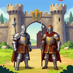 2 knight guards with halberds standing in front of castle gates with, from a fantasy point and click 2 d graphic adventure game, art inspired by thomas kinkade, king's quest, sierra entertainment games