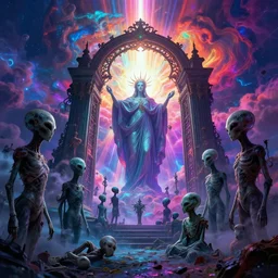 [ palate ] [ vibrant gothic colors ] lost alien souls congregating at heaven's gates, vibrant neon nebulous clouds, radiant light rays, photorealistic illustration, intricate and fine details, volumetric lighting, artstation, god figure at the gate