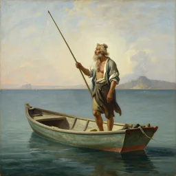 painting of wise man as a fisherman on a small boat by the coast by phil hale - h 7 0 4
