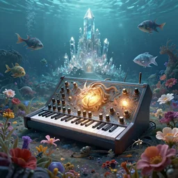 ! dream a centered render of intricate modular synthesizer of dargon, shining its light across a tumultuous sea of flowers, undersea animals and one gothic crystal temple by dorothea tanning and salvador dali, trending on artstation, cyber punk, soft color, unreal engine, high detailed, 8 k