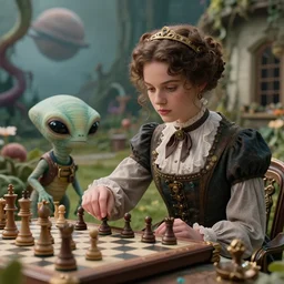 detailed, sharp, a girl playing chess with her cute pet humanoid alien creature, wearing 1890s era clothes, in the garden of a house on an alien planet with alien plants, extremely highly detailed, steampunk, in focus faces, 70 mm film still from a period sci fi color movie, 4k, HD, cinematic lighting