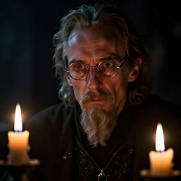skinny, cautious, paranoid 7 0 years old alchemist ( ian mckellen with a long goatee and with scissor glasses ), looks around in a dark medieval inn. extreme close up, dark shadows, colorful, candle light, law contrasts, fantasy concept art by jakub rozalski, jan matejko, and j. dickenson