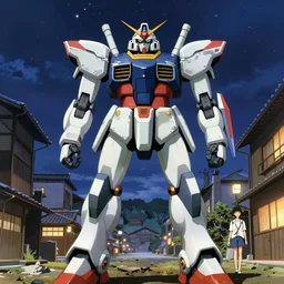 portrait of anime mecha robot, japanese town background, starred night sky, sharp details, great lighting, strong shadows, crisp edges, illustration concept art anime key visual trending pixiv fanbox by wlop and greg rutkowski and makoto shinkai and studio ghibli and kyoto animation, alphonse mucha and caravaggio
