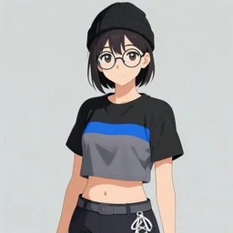 Outfit concept of an anime girl wearing a black grey and blue crop top, rounded eyeglasses, a beanie, and sneakers grey. painted by Simon Stålenhag