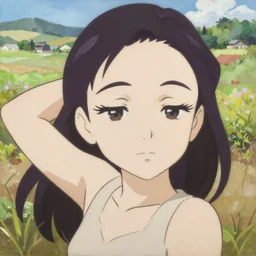 Greg Manchess painting of Velma Dinkley, anime style, winged eyelashes, countryside, calm, fantasy character portrait, dark outlines, dynamic pose, above view, sunny day, artwork by Makoto Shinkai, very coherent asymmetrical artwork, sharp edges, perfect face, simple form, 100mm