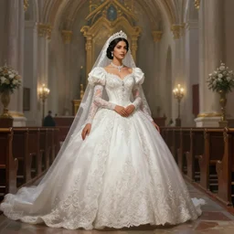 full photograph of a el salvadoran woman in a wedding dress at a church, deep focus, intricate, elegant, regal, highly detailed, digital painting, artstation, concept art, matte, sharp focus, illustration, d & d, fantasy, hearthstone, art by artgerm and greg rutkowski and alphonse mucha