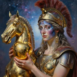 battlefield of trojan war, trojan horse, closeup portrait of eris discordia, holding an reflective gold!!! metal apple, goddess of chaos, galaxy star face, fantasy character portrait, ultra realistic, wide angle, intricate details, artifacts, luminous skies, michael cheval, peter mohrbacher, boris vallejo, jessica rossier, oil painting, highly detailed, cinematic lighting,