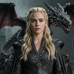 Sarah Michelle Geller in Game of Thrones, Fantasy, Dragon in the background, wide shot, dramatic lighting, octane render, hyperrealistic, high quality, highly detailed, artstation, HD, beautiful, cinematic, 8k, unreal engine, facial accuracy, symmetrical