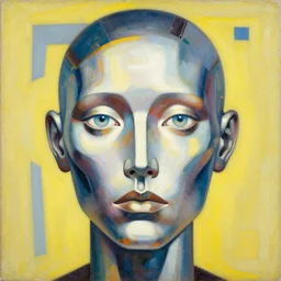 a symmetrical portrait headshot of sci fi metallic human, bright eyes, melancholic complex geometric figure liminal biomechanics by oskar schlemmer, moebius, john berkey, film grain, oil on canvas, portrait facial head, featured on artstation, hd wallpaper, 8 k, bright colors, global radiant light