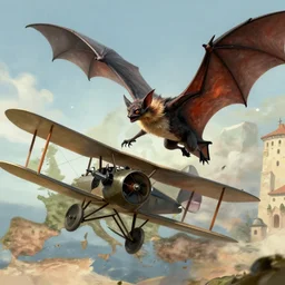 a giant winged bat like creature attacking a ww 1 era biplane over europe sanjulian, manuel perez clemente, artstation