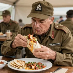 a 1 8 5 8 photo of general pitzer a union general eating a large chicken burrito with cheese and salsa