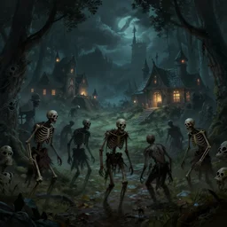 dangerous skeletons and zombies in a forest at night approaching an elven village, dnd, concept art, fantasy art, 4 k, artstation