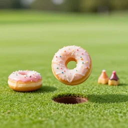 4 5 mm cookbook photgraphy of a donut hitting a hole in one at a golf course, photography by tyler mitchell, johfra bosschart