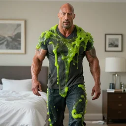 a portrait dwayne johnson covered in slime as he waked up in the morning, digital photography, highly detailed